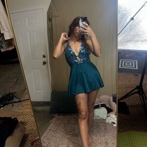 Teal Lace Halter Slip Dress